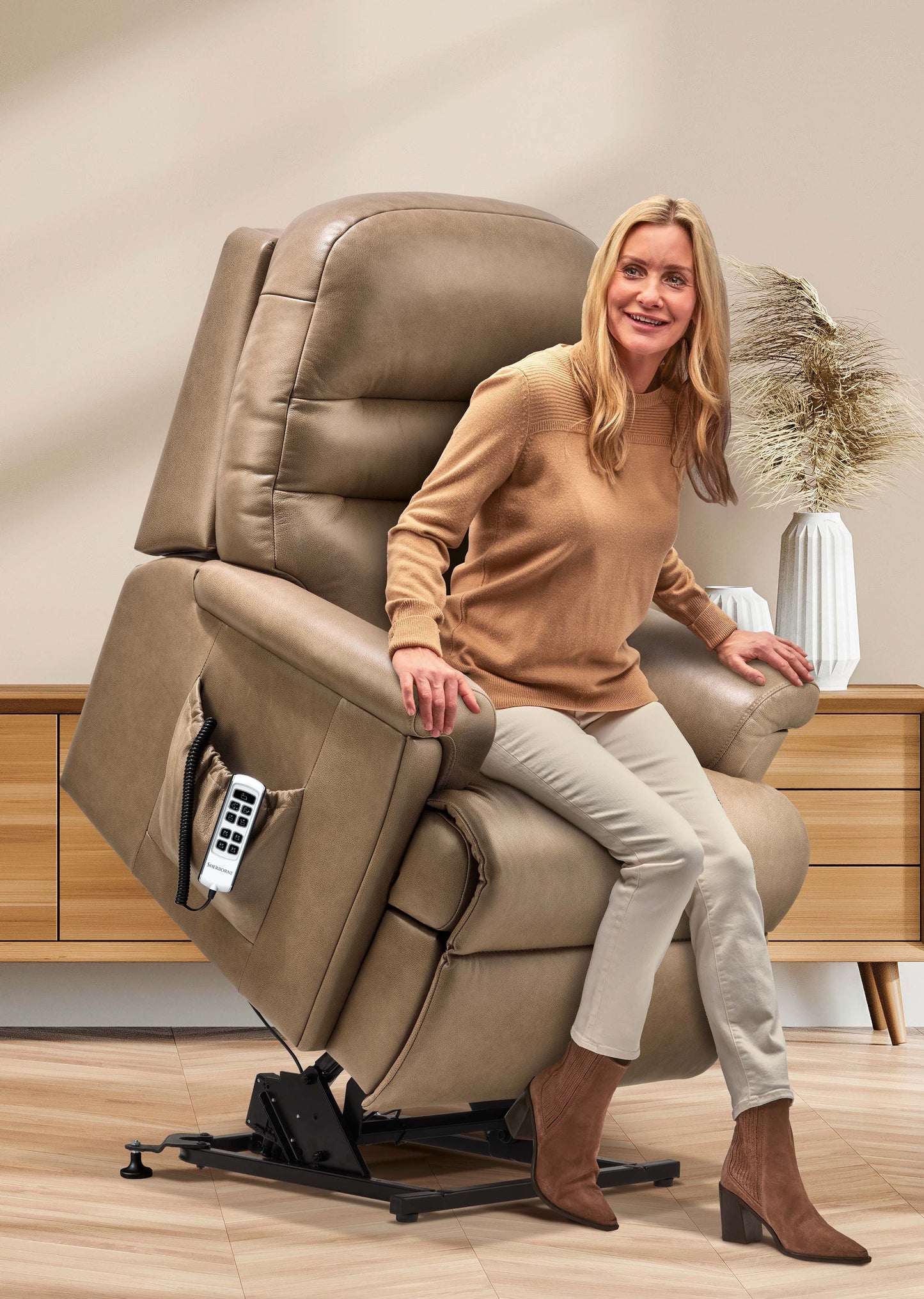 Sherborne Beaumont Cloud Comfort Triple Motor Leather Riser Recliner Armchair With Lumbar & Headrest Adjustment Option VAT FREE