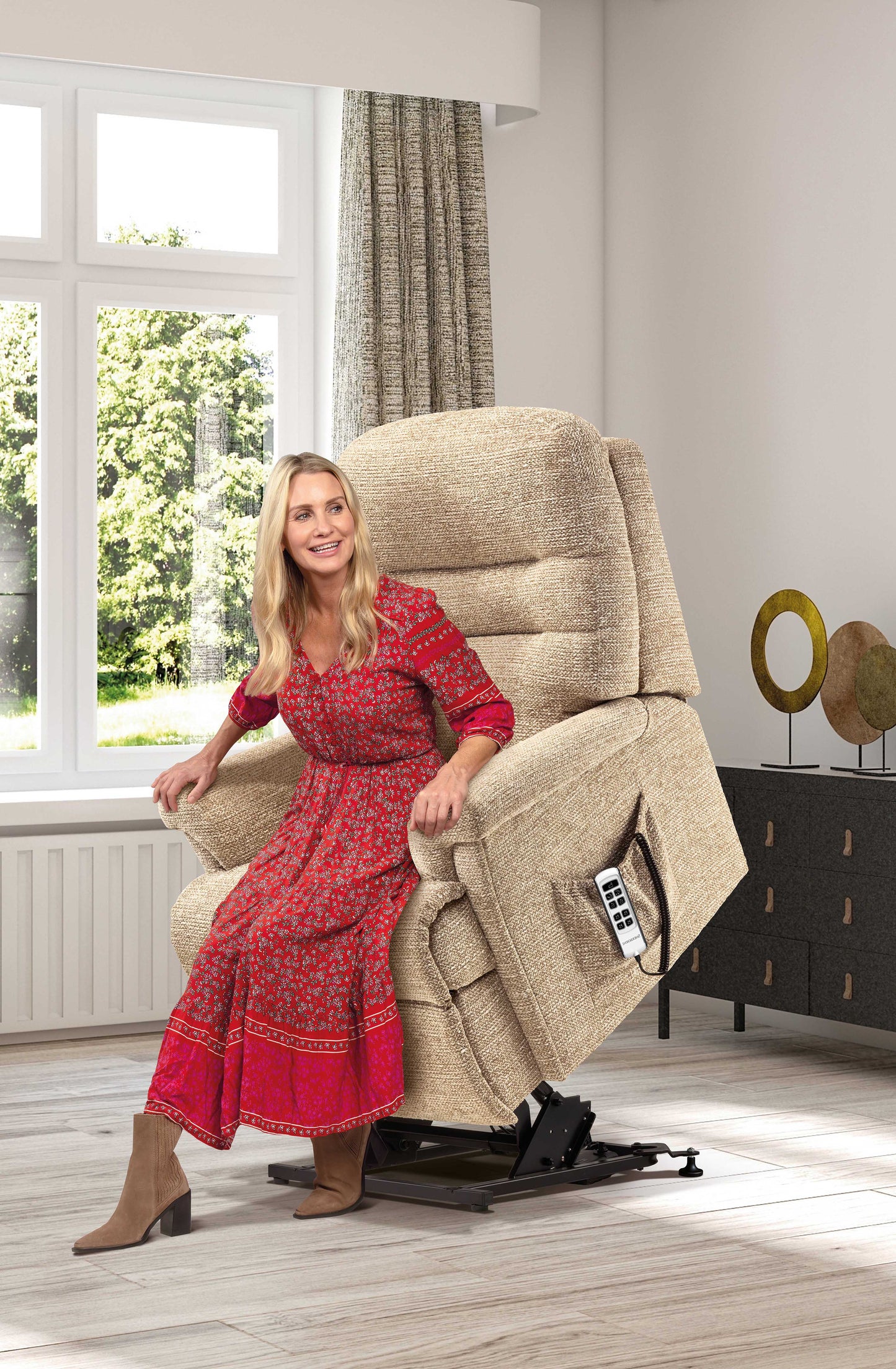 Sherborne Beaumont Cloud Comfort Triple Motor Fabric Riser Recliner Armchair With Lumbar & Headrest Adjustment Option VAT FREE