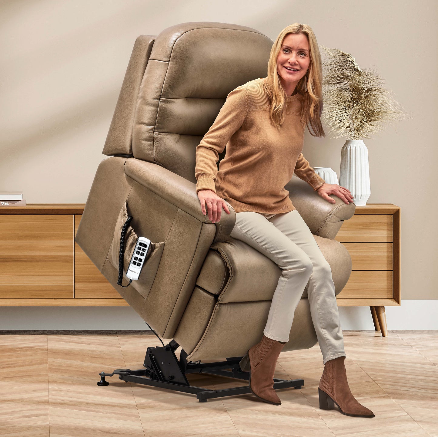 Sherborne Beaumont Cloud Comfort Triple Motor Leather Riser Recliner Armchair With Lumbar & Headrest Adjustment Option VAT FREE