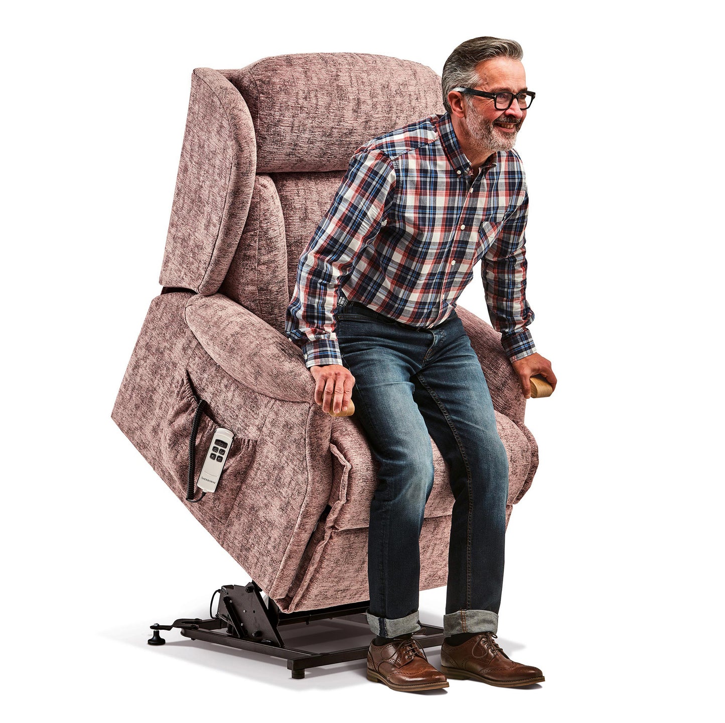 Sherborne Cartmel Knuckle Single Motor Fabric Riser Recliner Armchair With Lumbar & Headrest Adjustment Option VAT FREE