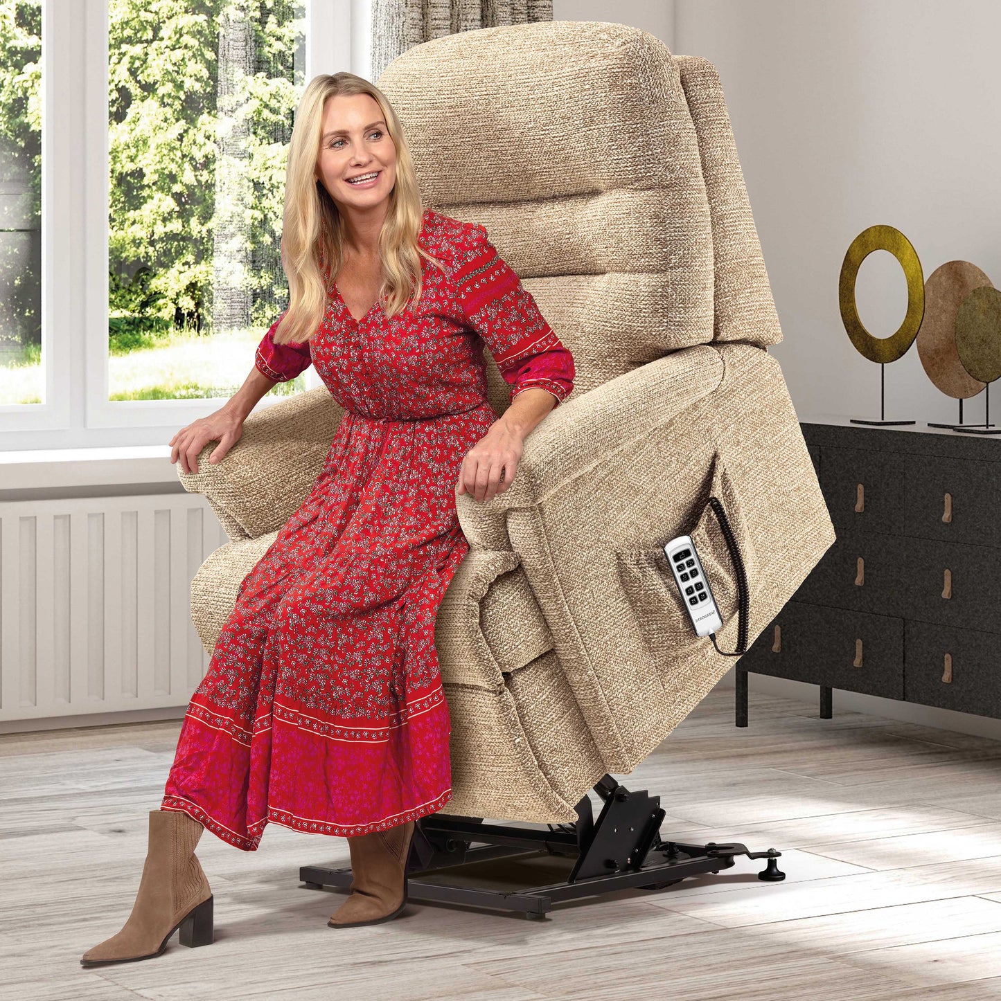 Sherborne Beaumont Cloud Comfort Triple Motor Fabric Riser Recliner Armchair With Lumbar & Headrest Adjustment Option VAT FREE