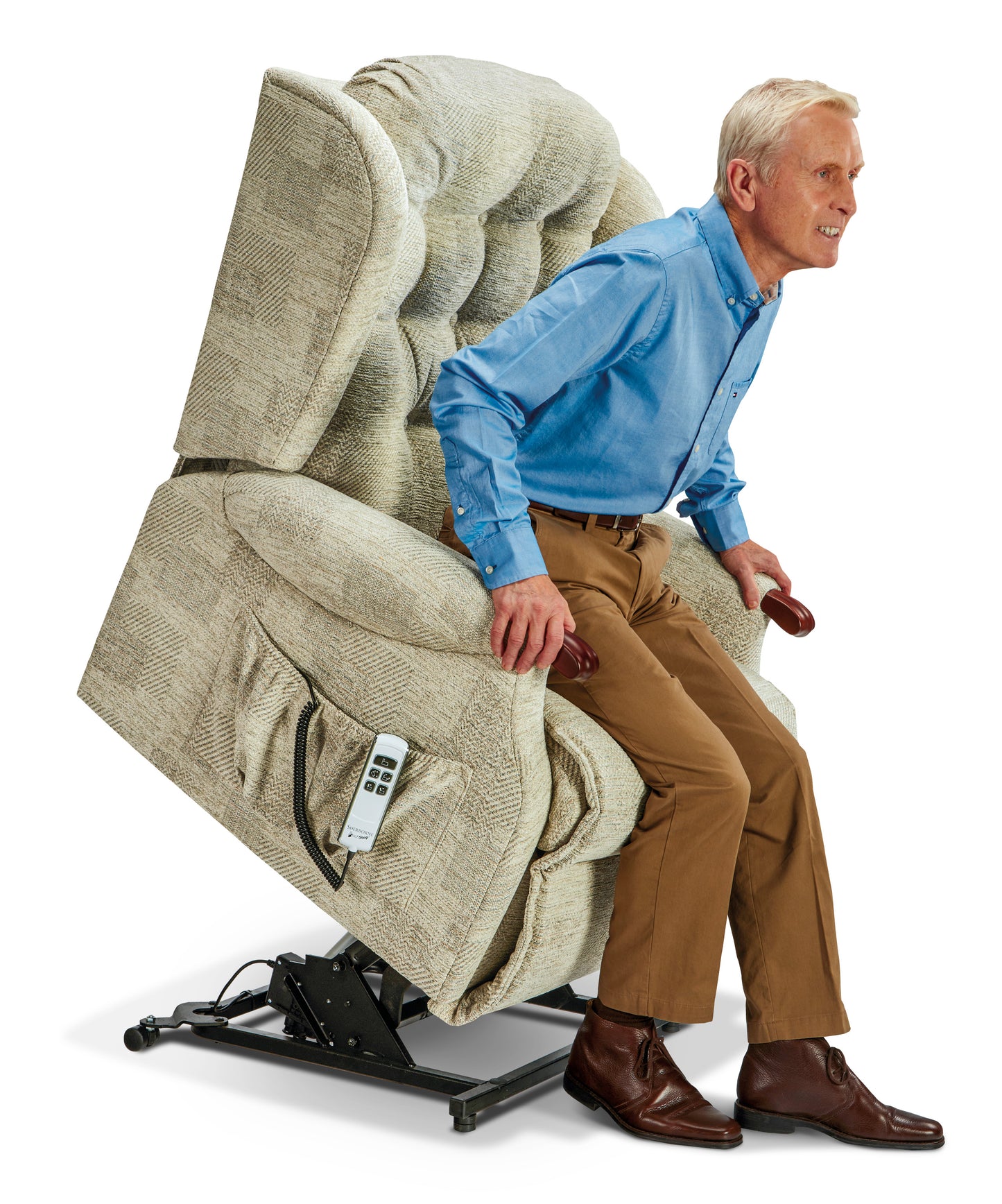 Sherborne Lynton Knuckle Single Motor Fabric Rise And Recliner Armchair VAT FREE